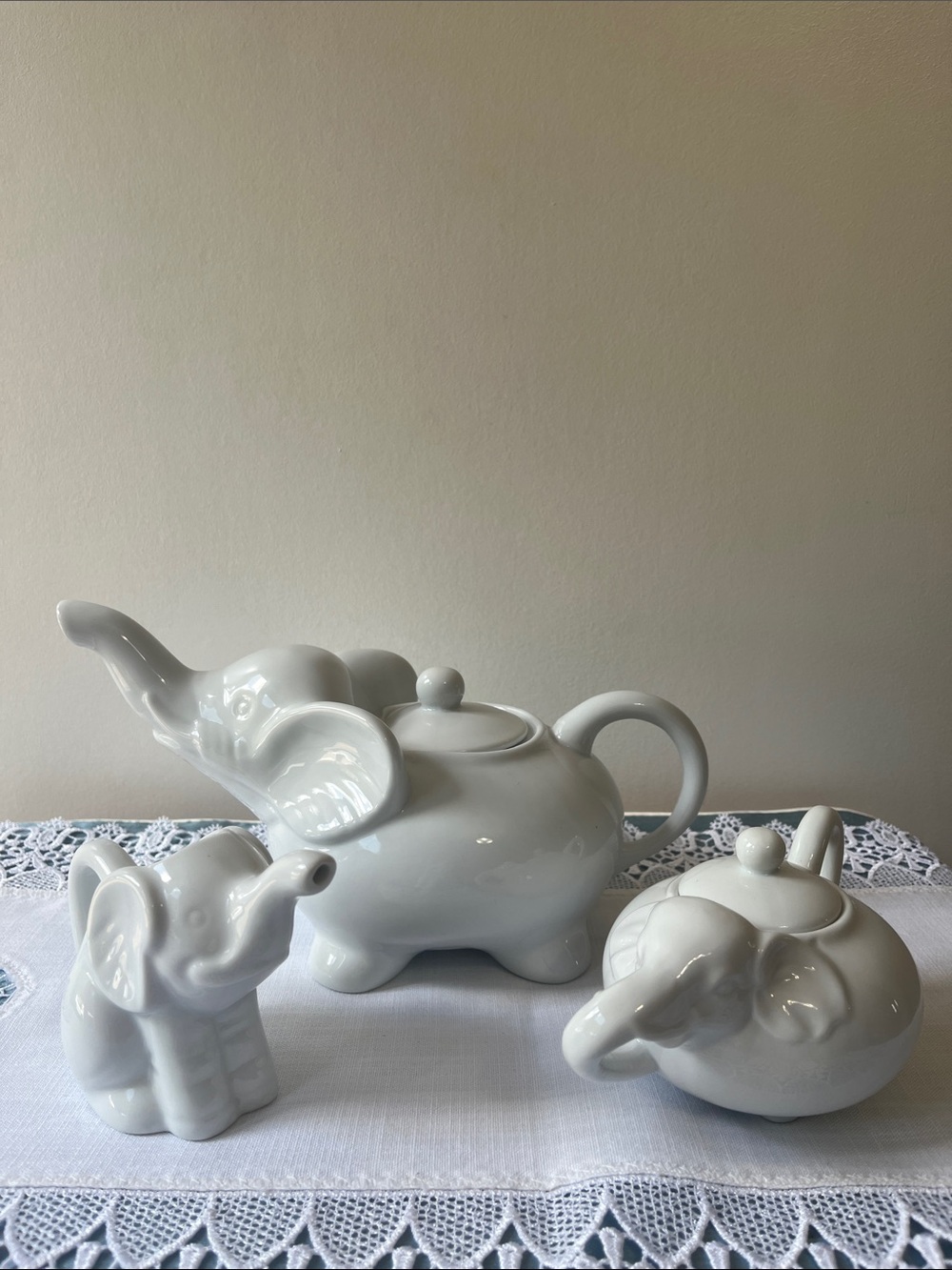 Vintage Abbott White Porcelain Elephant Tea Set - 3 Pc Teapot Creamer Sugar